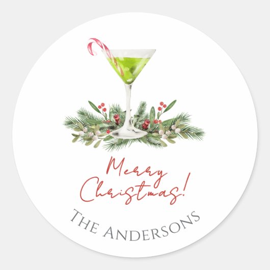 Sticker Rond Modern Merry Christmas Candy Cane Cocktail Martini (Devant)