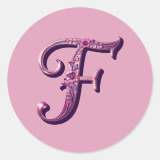 Sticker Rond Modern Metallic Rosemaling Letter F, Pink/Purple