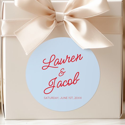 Sticker Rond Modern Minimal Minimalist Blue and Red Wedding