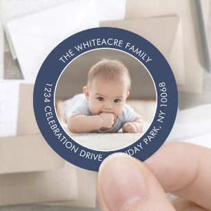 Sticker Rond Modern Minimaliste Marine Bleu & Blanc Adresse de 