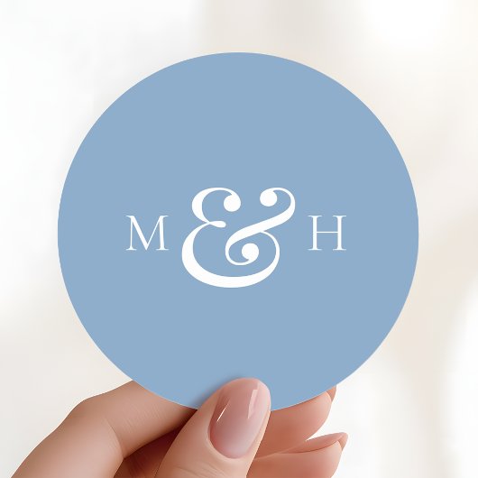 Sticker Rond Modern Monogram Dusty Blue Wedding Favor