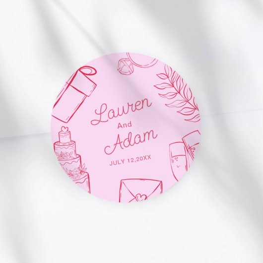 Sticker Rond Modern Pink & Red Wedding sketch Favor