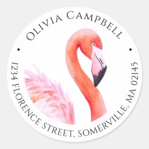 Sticker Rond Modern Pink Watercolor Flamant rose Adresse de ret