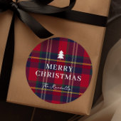 Sticker Rond Modern Plaid Christmas Tree 