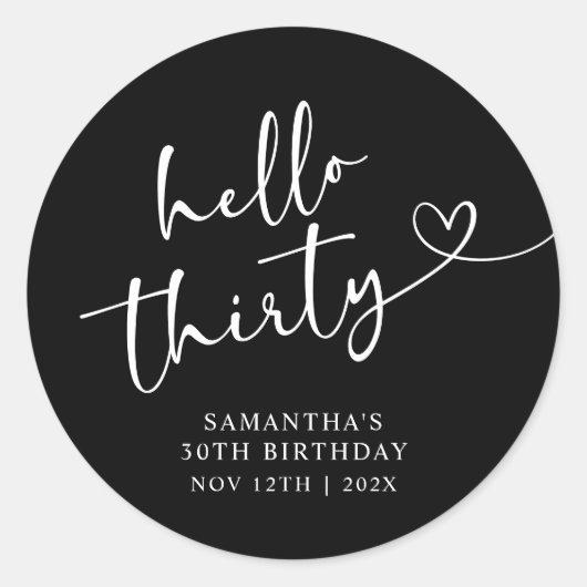 Sticker Rond Modern Red White Hello 30th Birthday (Devant)