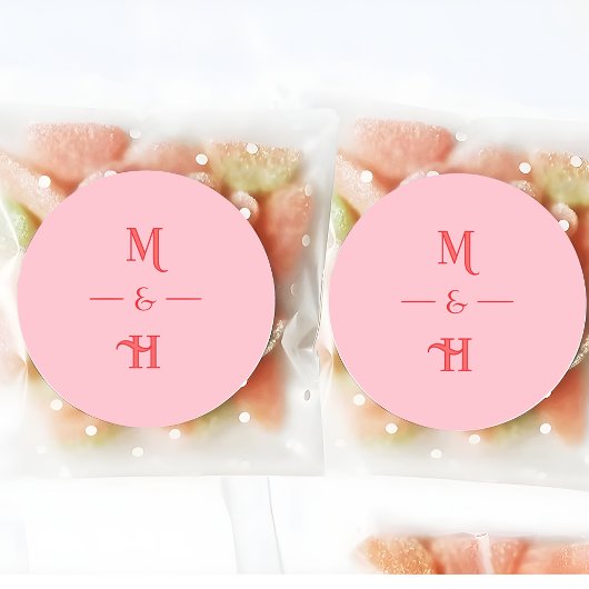 Sticker Rond Modern Retro Monogram Pink & Red Wedding