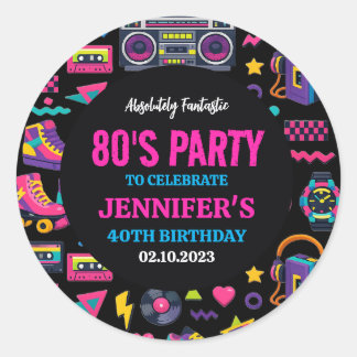 Sticker Rond Modern Retro Neon 80’s Birthday Party for Adults
