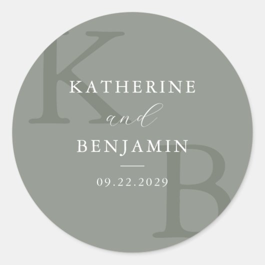 Sticker Rond Modern Sage Green Monogram Minimalist Wedding (Devant)
