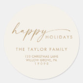 Sticker Rond Modern Script Gold Cream Holiday Adresse de retour (Devant)