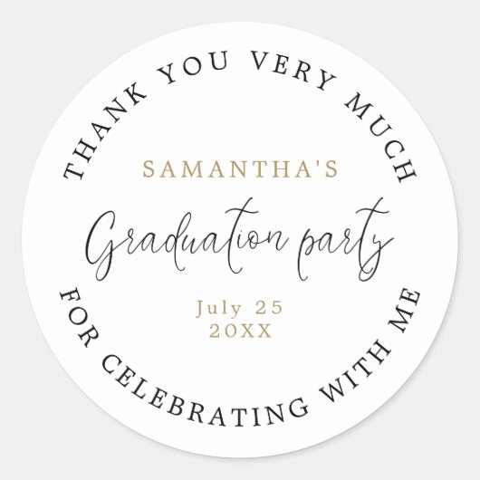Sticker Rond Modern Script Nom Date Graduation Party Merci (Devant)