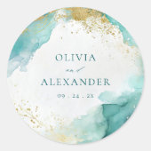 Sticker Rond Modern Teal Gold Abstract Beach Wedding (Devant)