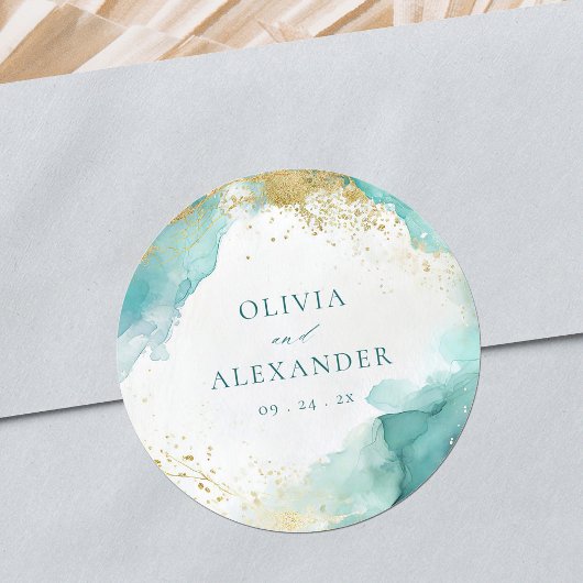 Sticker Rond Modern Teal Gold Abstract Beach Wedding