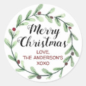 Sticker Rond Modern Watercolor Holly Wreath Christmas (Devant)