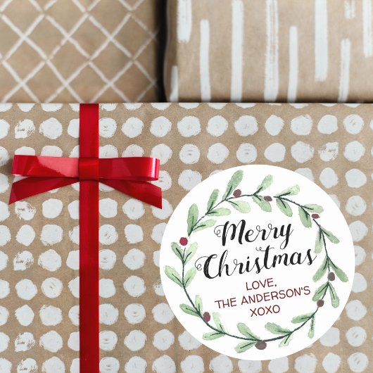 Sticker Rond Modern Watercolor Holly Wreath Christmas