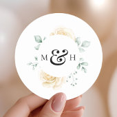 Sticker Rond Modern Watercolour Greenery Monogram Wedding