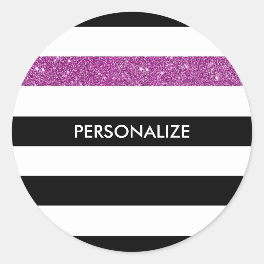 Sticker Rond Moderne Black Stripes FAUX Purple Glitz et nom (Devant)
