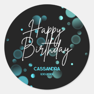 Sticker Rond Moderne Bleu Bokeh Gradient Noir Joyeux anniversai