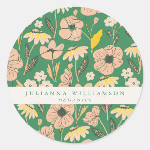 Sticker Rond Moderne Boho Floral Rose Vert Coloré Entreprise