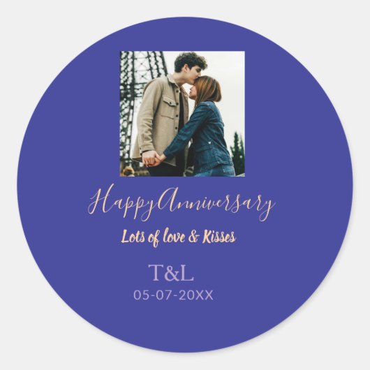 Sticker Rond Moderne boho joyeux anniversaire ajouter nom bleu (Devant)