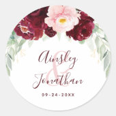 Sticker Rond Moderne Bourgogne Blush Floral Greenery Mariage (Devant)