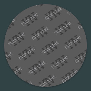 Sticker Rond Moderne Carreaux Gris Foncé Monogramme Nom/autre T