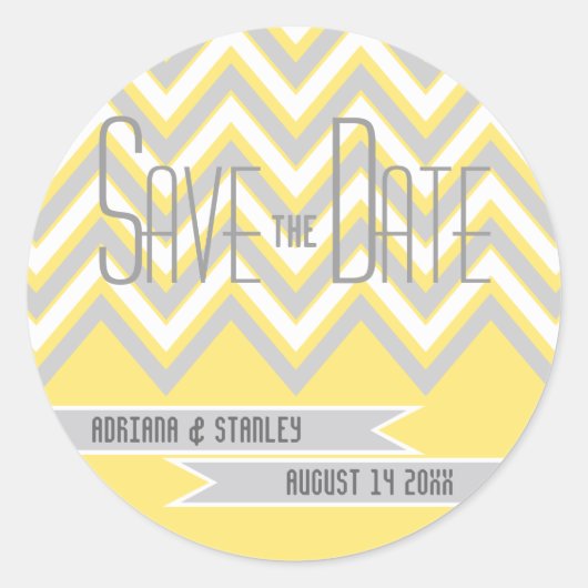 Sticker Rond Moderne chevron gris, mariage jaune Enregistrer la (Devant)