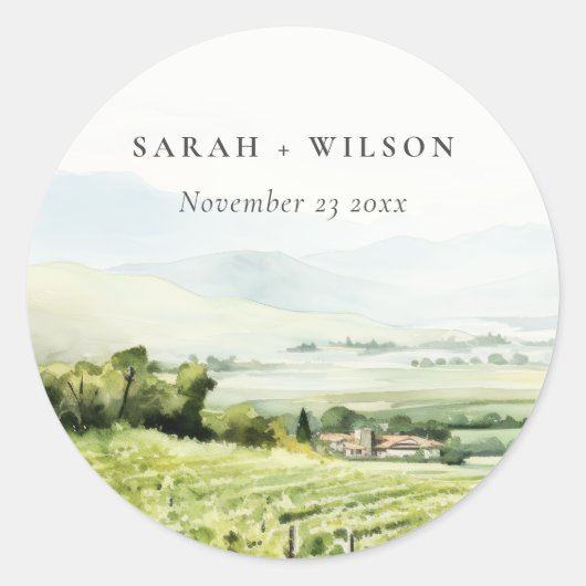 Sticker Rond Moderne Chic Aquarelle Vignoble Paysage Mariage (Devant)