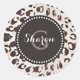 Sticker Rond Moderne chic motif imprimé guépard marron monogram