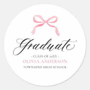 Sticker Rond Moderne Coquette Diplômée avec Nœud Rose