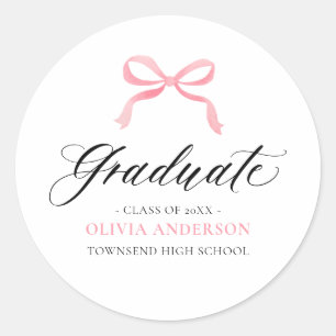 Sticker Rond Moderne Coquette Diplômée avec Nœud Rose Moderne