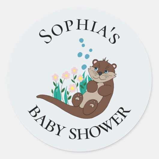 Sticker Rond Moderne Cute Otter Dessin Fleurs Nom Baby shower (Devant)