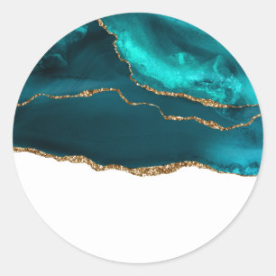 Sticker Rond Moderne Design Turquoise Agate & Gold Ribbon sur B