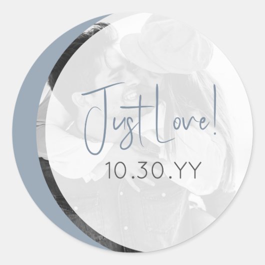 Sticker Rond Moderne Dusty Blue Décontracté Just Love Mariage (Devant)