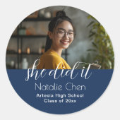 Sticker Rond Moderne Elegant Blue Photo Graduation (Devant)