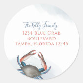 Sticker Rond Moderne Elegant Crabe Bleu Aquarelle Adresse de re (Devant)