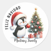 Sticker Rond Moderne Elegant Cute Penguin Espagnol Feliz Navida (Devant)