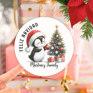 Sticker Rond Moderne Elegant Cute Penguin Espagnol Feliz Navida