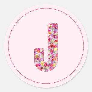 Sticker Rond Moderne Élégant Lettre J Monogramme Floral Rose