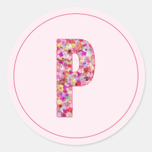 Sticker Rond Moderne Élégant Lettre P Monogramme Floral Rose