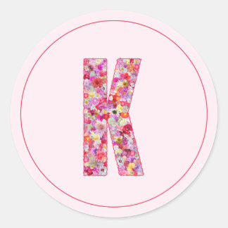 Sticker Rond Moderne Élégant Monogramme Floral Lettre K Rose