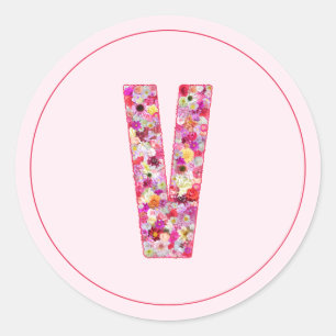 Sticker Rond Moderne Élégant Monogramme Floral Lettre V Rose