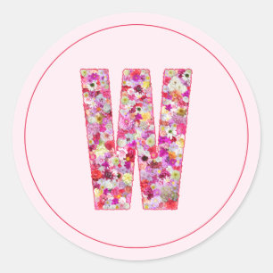 Sticker Rond Moderne Élégant Monogramme Floral Lettre W Rose
