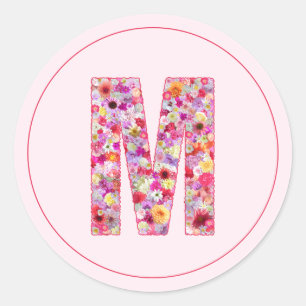 Sticker Rond Moderne Élégant Monogramme Floral Rose Lettre M