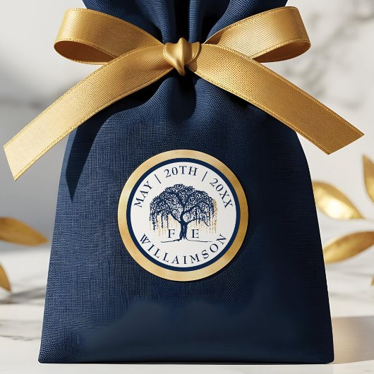 Sticker Rond Moderne Elegant Willow Tree Marine Blue Gold Maria