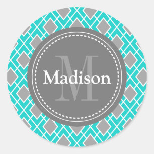 Sticker Rond Moderne et élégant Turquoise Blue Grey Diamond Mot