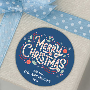 Sticker Rond Moderne festif mignon bleu & blanc Joyeux Noël