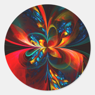 Sticker Rond Moderne Floral Abstrait Art Orange Bleu Motif #14