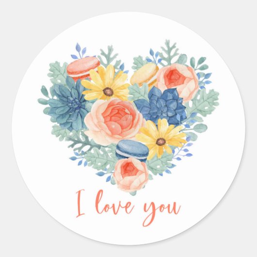 Sticker Rond Moderne Floral Succulent Macaron Heart | Je t'aime (Devant)