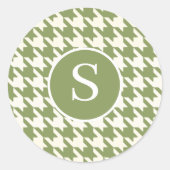 Sticker Rond Moderne Houndstooth Sage Vert & Blanc Monogramme (Devant)