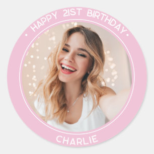Sticker Rond Moderne Joyeux 21e anniversaire Photo rose
